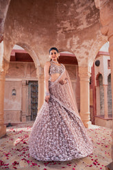 Mouse Colored Net Sequins Embroidered Lehenga Set